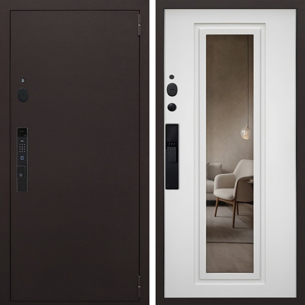 Входная дверь АСД Комфорт с зеркалом биометрический замок Smart lock К06 ясень белый снег