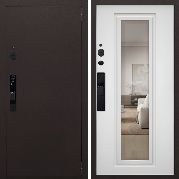 Входная дверь АСД Комфорт с зеркалом биометрический замок Smart lock Y12 ясень белый снег