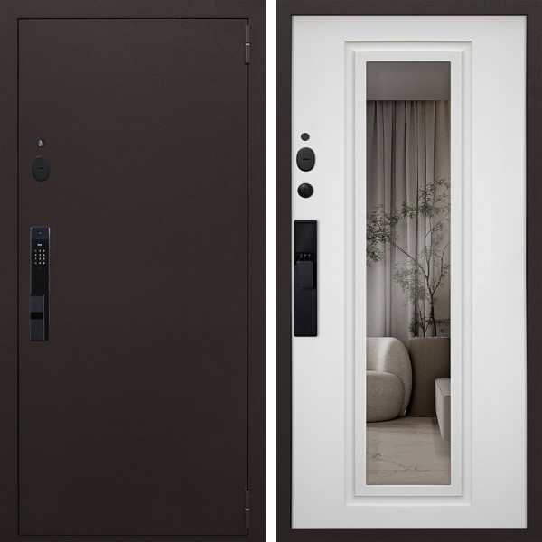 Входная дверь АСД Комфорт с зеркалом биометрический замок Smart lock Y23 ясень белый снег