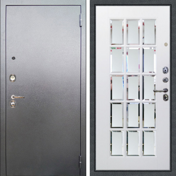 Входная дверь Аргус ЛЮКС 3К Люкс 3к металл Антик Серебро + Мэрелин Софт милк зеркало с фацетом и пескоструем