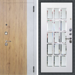 Входная дверь Аргус ЛЮКС 3К Эксперт Рустик соломенный вставка бетон урбан милк + Мэрелин Софт милк зеркало с фацетом и пескоструем