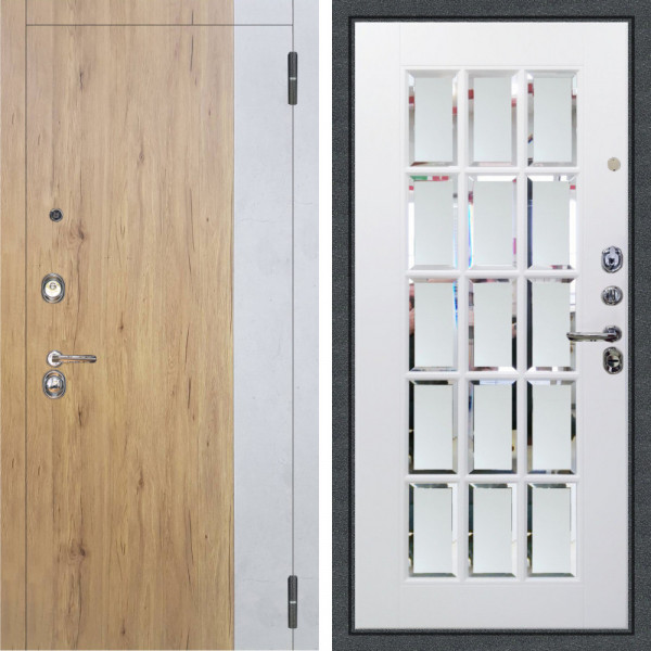 Входная дверь Аргус ЛЮКС 3К Эксперт Рустик соломенный вставка бетон урбан милк + Мэрелин Софт милк зеркало с фацетом и пескоструем