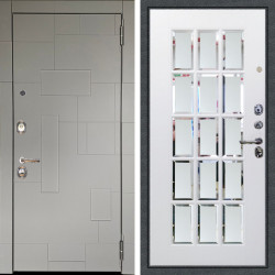 Входная дверь Аргус ЛЮКС 3К Корсо Силк флай + Мэрелин Софт милк зеркало с фацетом и пескоструем