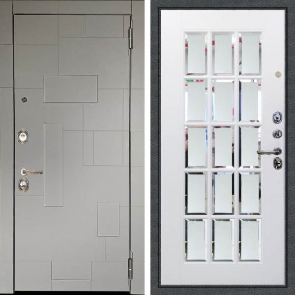 Входная дверь Аргус ЛЮКС 3К Корсо Силк флай + Мэрелин Софт милк зеркало с фацетом и пескоструем