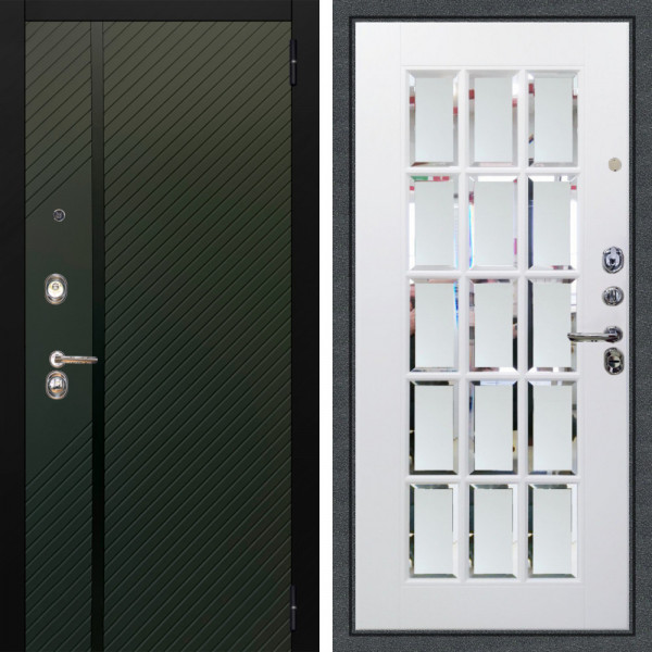 Входная дверь Аргус ЛЮКС 3К Ланцет Олива софт + Мэрелин Софт милк зеркало с фацетом и пескоструем