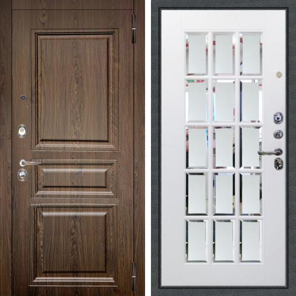 Входная дверь Аргус ЛЮКС 3К Магистр Дуб кантри + Мэрелин Софт милк зеркало с фацетом и пескоструем