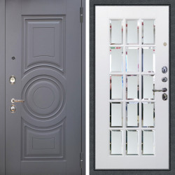 Входная дверь Аргус ЛЮКС 3К Могадиш Силк флай + Мэрелин Софт милк зеркало с фацетом и пескоструем