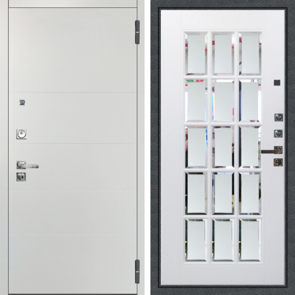 Входная дверь Аргус ЛЮКС 3К ПРО Агат Вельвет белый горизонт + Мэрелин Софт милк с фацетом и пескоструем