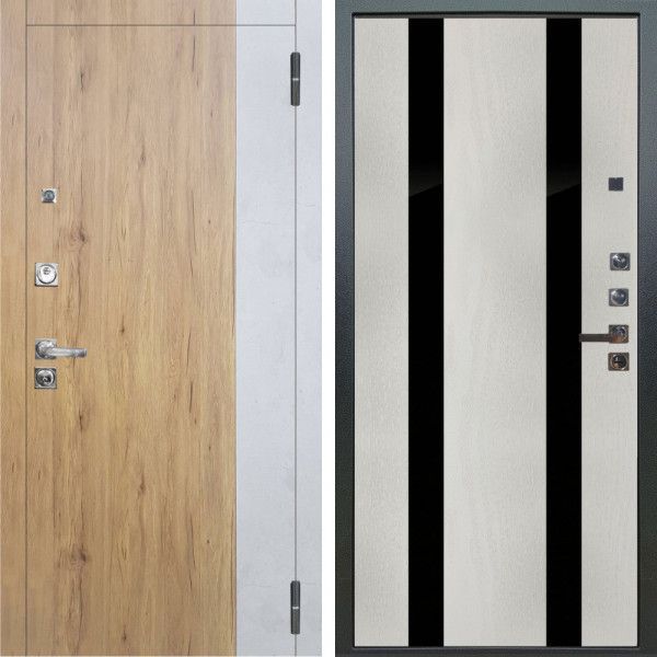 Входная дверь Аргус ЛЮКС 3К ПРО Эксперт Рустик соломенный вставка Бетон урбан милк + Дуэт Белое дерево вставки Кензо