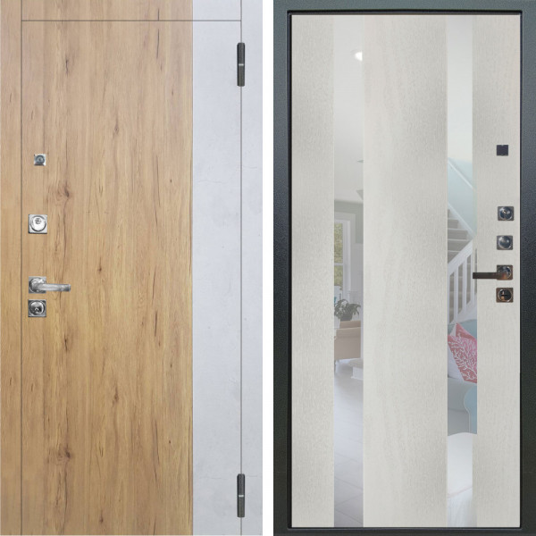 Входная дверь Аргус ЛЮКС 3К ПРО Эксперт Рустик соломенный вставка Бетон урбан милк + Дуэт Белое дерево вставки Николь