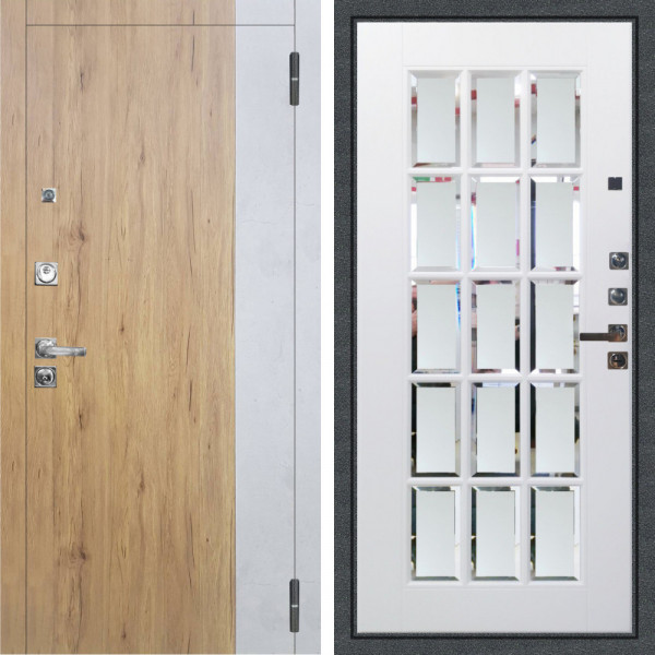 Входная дверь Аргус ЛЮКС 3К ПРО Эксперт Рустик соломенный вставка Бетон урбан милк + Мэрелин Софт милк с фацетом и пескоструем