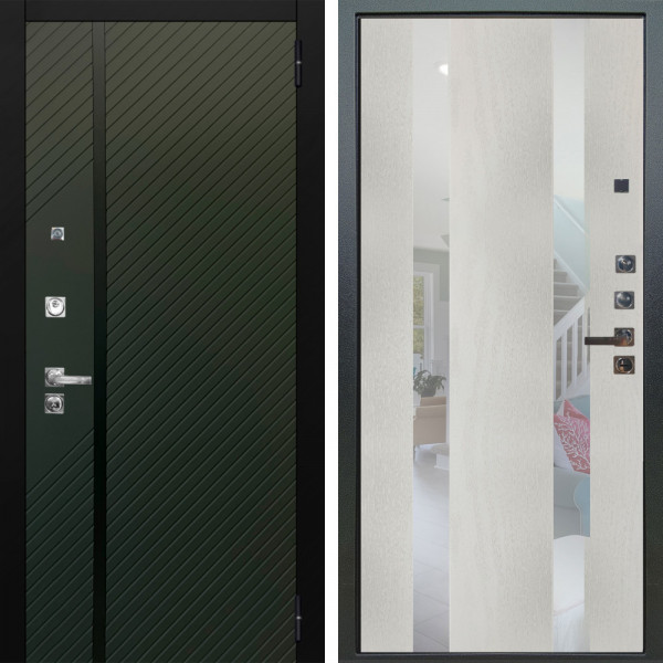 Входная дверь Аргус ЛЮКС 3К ПРО Ланцет Олива софт + Дуэт Белое дерево вставки Николь