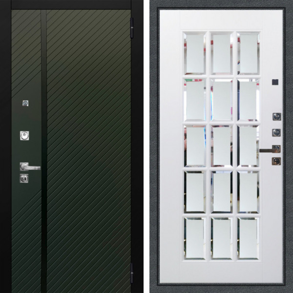 Входная дверь Аргус ЛЮКС 3К ПРО Ланцет Олива софт + Мэрелин Софт милк с фацетом и пескоструем