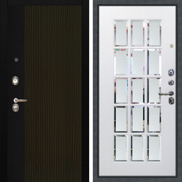 Входная дверь Аргус ЛЮКС 3К Рокси Дуб рейка морение + Мэрелин Софт милк зеркало с фацетом и пескоструем