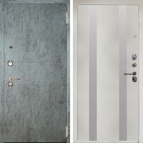 Входная дверь Аргус ЛЮКС 3К Снежно-белый Агат Темный бетон + Дуэт Белое дерево вставки Изабель