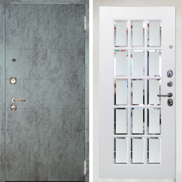 Входная дверь Аргус ЛЮКС 3К Снежно-белый Агат Темный бетон + Мэрелин Софт милк с фацетом и пескоструем