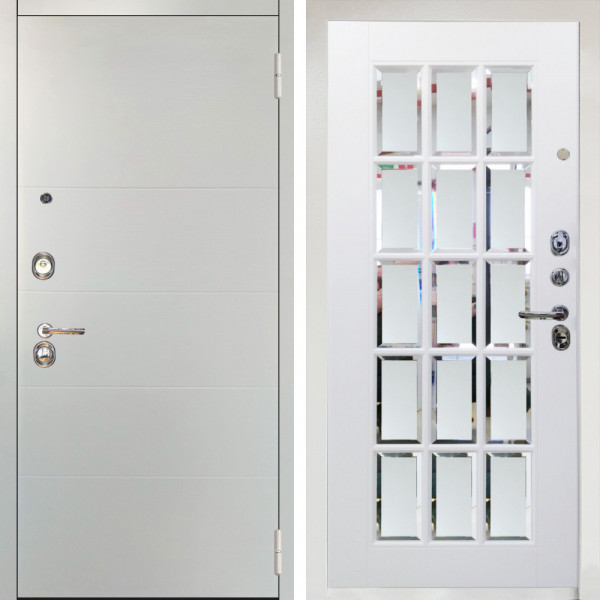 Входная дверь Аргус ЛЮКС 3К Снежно-белый Агат Вельвет белый горизонт + Мэрелин Софт милк с фацетом и пескоструем