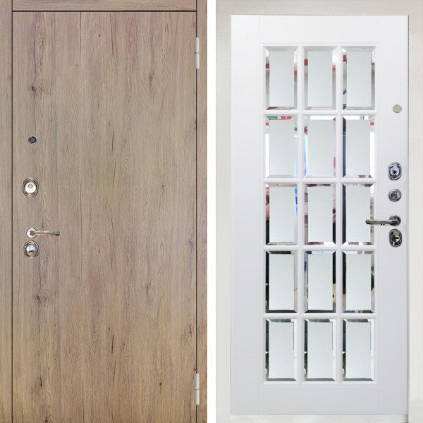 Входная дверь Аргус ЛЮКС 3К Снежно-белый Элегант Рустик соломенный + Мэрелин Софт милк с фацетом и пескоструем