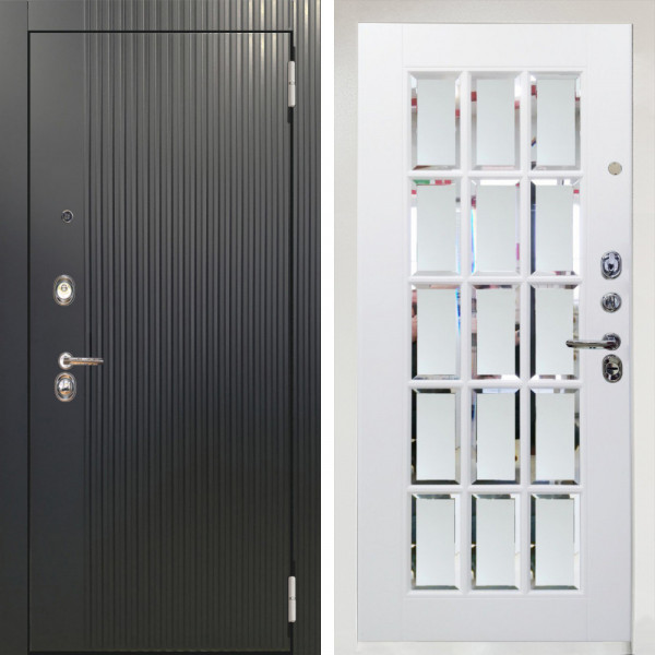 Входная дверь Аргус ЛЮКС 3К Снежно-белый Фрейда Черный кварц + Мэрелин Софт милк с фацетом и пескоструем