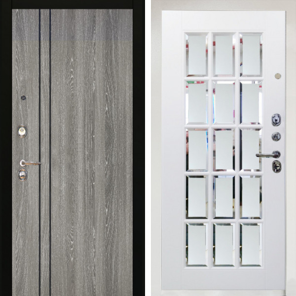 Входная дверь Аргус ЛЮКС 3К Снежно-белый гейджи + Мэрелин Софт милк с фацетом и пескоструем