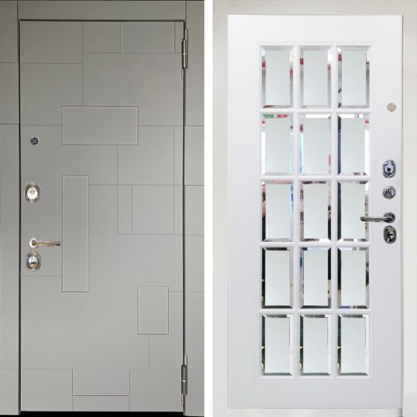 Входная дверь Аргус ЛЮКС 3К Снежно-белый Корсо Силк флай + Мэрелин Софт милк с фацетом и пескоструем