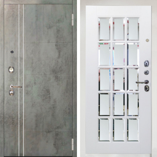 Входная дверь Аргус ЛЮКС 3К Снежно-белый Лофт Темный бетон + Мэрелин Софт милк с фацетом и пескоструем