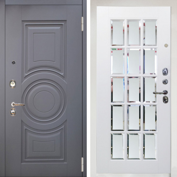 Входная дверь Аргус ЛЮКС 3К Снежно-белый Могадиш Силк флай + Мэрелин Софт милк с фацетом и пескоструем