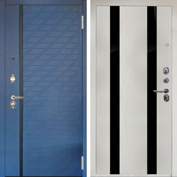 Входная дверь Аргус ЛЮКС 3К Снежно-белый Тори Синий софт + Дуэт Белое дерево вставки кензо