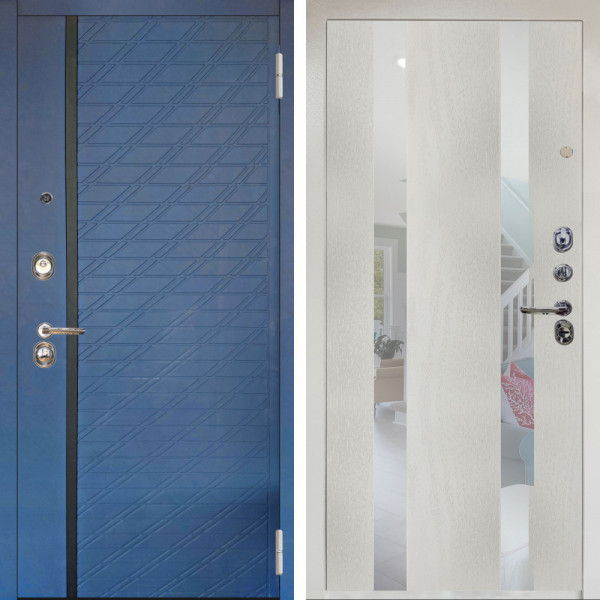 Входная дверь Аргус ЛЮКС 3К Снежно-белый Тори Синий софт + Дуэт Белое дерево вставки Николь