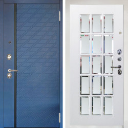 Входная дверь Аргус ЛЮКС 3К Снежно-белый Тори Синий софт + Мэрелин Софт милк с фацетом и пескоструем