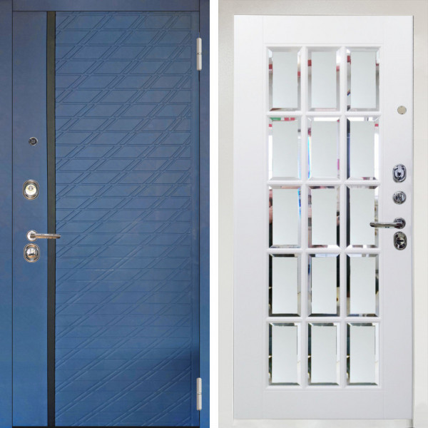 Входная дверь Аргус ЛЮКС 3К Снежно-белый Тори Синий софт + Мэрелин Софт милк с фацетом и пескоструем