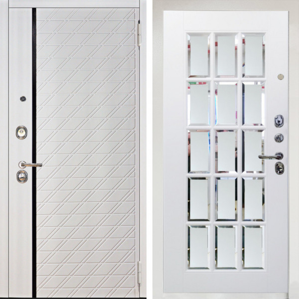 Входная дверь Аргус ЛЮКС 3К Снежно-белый Тори Софт милк + Мэрелин Софт милк с фацетом и пескоструем