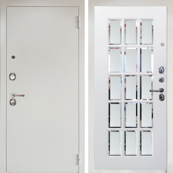 Входная дверь Аргус ЛЮКС 3К Снежно-белый Люкс 3к металл Снежно-белый + Мэрелин Софт милк с фацетом и пескоструем