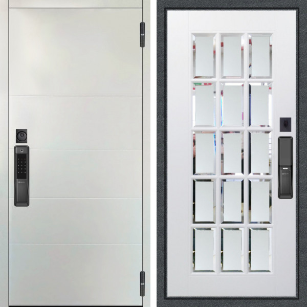 Входная дверь Аргус SMART Агат Вельвет белый горизонт + Мэрелин Софт милк зеркало с фацетом и пескоструем