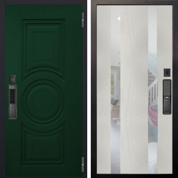 Входная дверь Аргус SMART Бенадир ral 6005 + Дуэт Белое дерево вставки Николь