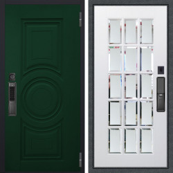 Входная дверь Аргус SMART Бенадир ral 6005 + Мэрелин Софт милк зеркало с фацетом и пескоструем