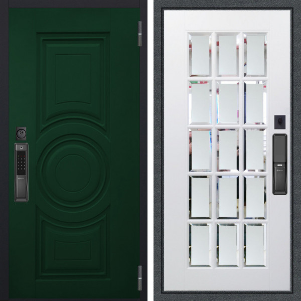 Входная дверь Аргус SMART Бенадир ral 6005 + Мэрелин Софт милк зеркало с фацетом и пескоструем