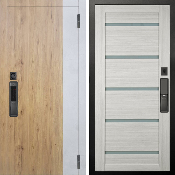 Входная дверь Аргус SMART Эксперт Рустик соломенный вставка бетон урбан милк + Александра Белая лиственница