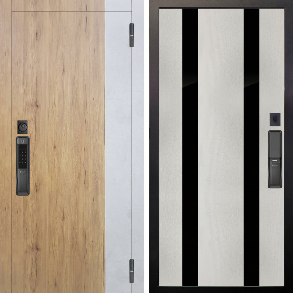 Входная дверь Аргус SMART Эксперт Рустик соломенный вставка бетон урбан милк + Дуэт Белое дерево вставки Кензо