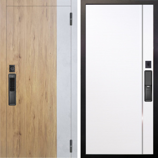 Входная дверь Аргус SMART Эксперт Рустик соломенный вставка бетон урбан милк + Гауда Роял вуд белый