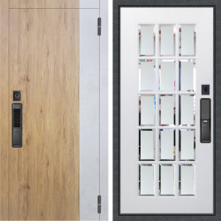 Входная дверь Аргус SMART Эксперт Рустик соломенный вставка бетон урбан милк + Мэрелин Софт милк зеркало с фацетом и пескоструем