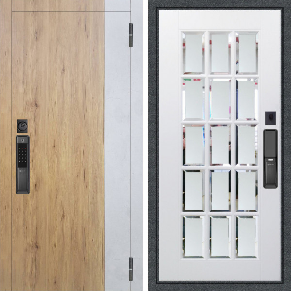 Входная дверь Аргус SMART Эксперт Рустик соломенный вставка бетон урбан милк + Мэрелин Софт милк зеркало с фацетом и пескоструем