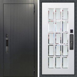 Входная дверь Аргус SMART Фрейда Черный кварц + Мэрелин Софт милк зеркало с фацетом и пескоструем