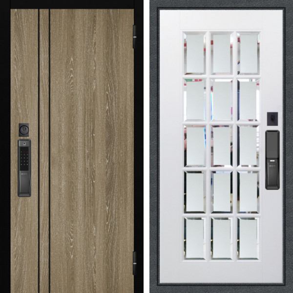 Входная дверь Аргус SMART гейджи орех мраморный + Мэрелин Софт милк зеркало с фацетом и пескоструем