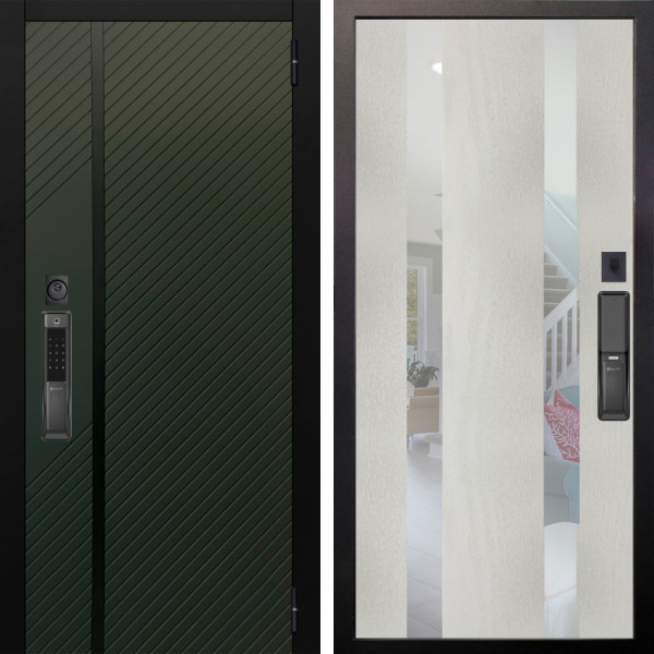 Входная дверь Аргус SMART ланцет олива софт + Дуэт Белое дерево вставки Николь