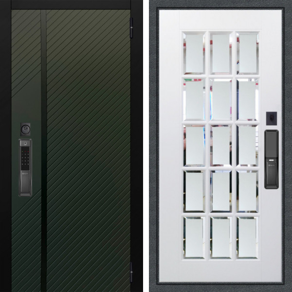 Входная дверь Аргус SMART ланцет олива софт + Мэрелин Софт милк зеркало с фацетом и пескоструем