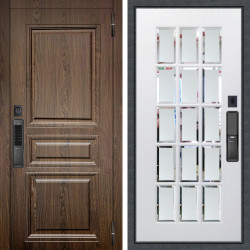 Входная дверь Аргус SMART магистр дуб кантри + Мэрелин Софт милк зеркало с фацетом и пескоструем