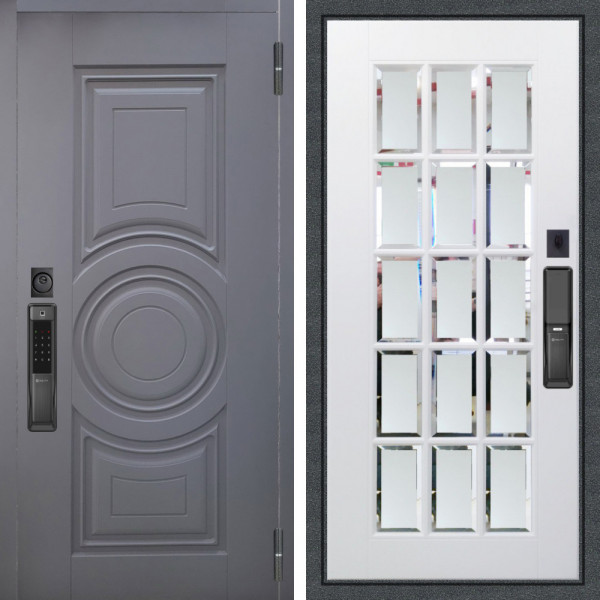 Входная дверь Аргус SMART Могадиш Силк флай + Мэрелин Софт милк зеркало с фацетом и пескоструем