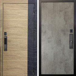 Входная дверь Аргус SMART Раунд Дуб европейский красный горизонт вставка бетон урбан индиго + Агат Светлый бетон