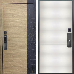 Входная дверь Аргус SMART Раунд Дуб европейский красный горизонт вставка бетон урбан индиго + Агат Вельвет белый горизон